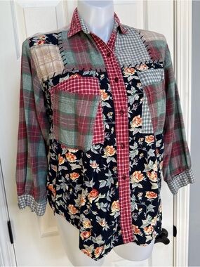 Classic KIKOMO Authentic Women Vintage Western Patchwork Plaid Floral Shirt M
